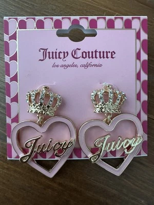 Juicy Couture Crown Pink Heart Charm Logo Hoop Earrings Y2K Bling Barbiecore - Image 1 of 4