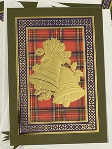 Vintage Deluxe Greetings Christmas Cards Plaid with Embossed Gold Foil Bells - Picture 1 of 7