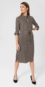 Abito Camicia HOBBS London Cali Donna 2 Nero Geometrico Manica 3/4 Cravatta Vita Lavoro - Foto 1 di 14