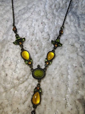 Vintage Style Green & Amber Art Glass Y Necklace Antique Brass Tone Boho... - Image 1 of 4