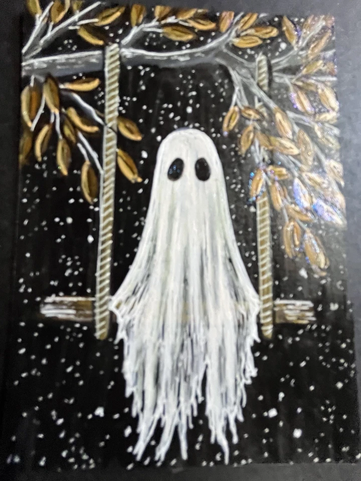 Original ACEO Art Card Painting Halloween Ghost On Swing - Image 1 of 1
