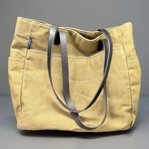 J Crew Canvas Tote Bag Leather Straps Green Exterior Pockets Style #AW966 - Picture 1 of 17