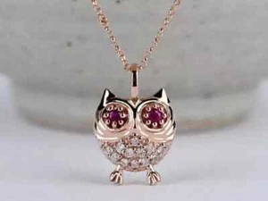 Women's OWL Pendant 18" 1.5 CT Round Cut Simulated Ruby 14K Rose Gold Plated - Picture 1 of 7