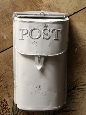 Vintage MINI Look Antique White METAL MAILBOX Embossed Shabby Chic Primitive  - Image 1 of 4