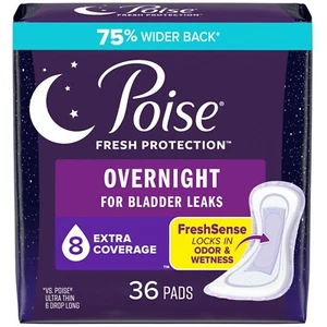 Poise Incontinence Pads for Women, 8 Drop, Overnight Absorbency, Extra-Coverage - Picture 1 of 8