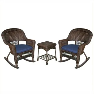 Jeco 3pc Wicker Rocker Chair Set in Espresso with Blue Cushion - Picture 1 of 1