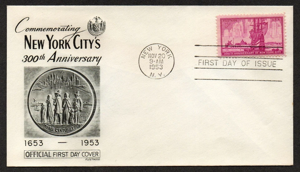 USA, SCOTT # 1027, FLEETWOOD FDC COVER OF 1953 NEW YORK CITY 300th ANNIVERSARY - Image 1 of 1