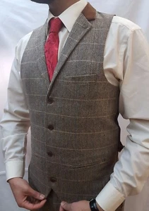 Marc Darcy Tweed Tan Vintage Herringbone Waistcoat Velvet Collared trim - Picture 1 of 5