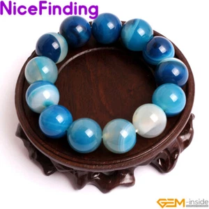 Pulseras naturales de ágata con cuentas azules cuentas redondas joyería regalo de Navidad 6 mm 8 mm - Imagen 1 de 47