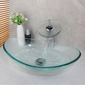 US Bathroom Vanity Clear Tempered Glass Basin Bowl Vessel Sink Waterfall Faucet - Picture 1 of 9