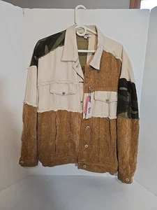 Andree By Unit Jacket Women's Sz M Oversized Denim Corduroy Camo Patchwork - Picture 1 of 7