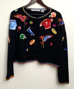 Vtg Michael Simon Cardigan Sweater Sz M Cheerleader Football Embellished 1994 - Picture 1 of 7