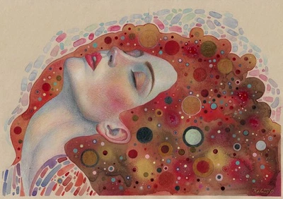 Pintura original А3 227KO arte oro acrílico, pastel moderno mujer retrato Foto 1 de 4