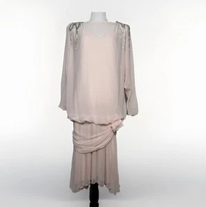 Vtg Casadei Electra Dress 6 Pink Rosette Bead Fringe 80s Chiffon Evening Formal - Picture 1 of 13