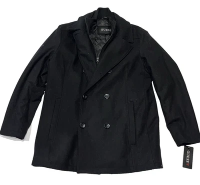 Guess men's Black Wool Peacoat with Knit Inset - size Large - retail $350 - Image 1 of 4