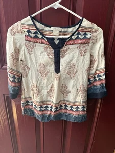 Blusa Orgánica Bohemia Marca Lucky Manga 3/4 Top Camisa Rayón Talla Pequeña - Imagen 1 de 6