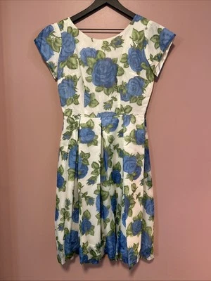 Vintage Blue Rose Print 1950’s Dress M 6 8 Sundress Party pinup Boat Neck ILGWU - Image 1 of 4
