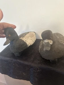 Antique Cork Duck Decoy Pair - Working Rig - Weighted Wood Keel - Carved Heads - Picture 1 of 17