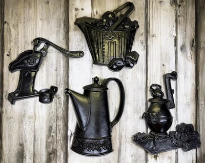 Lote 4 placas de parede vintage de ferro fundido Sexton cozinha fazenda cafeteira bomba fogão - Imagem 1 de 4