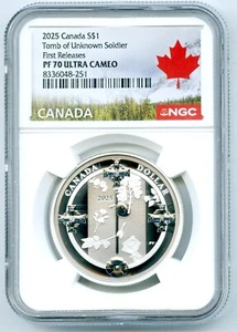 2025 $1 CANADA SILVER DOLLAR PROOF NGC PF70 TOMB OF THE UNKNOWN SOLDIER - FR - Picture 1 of 2