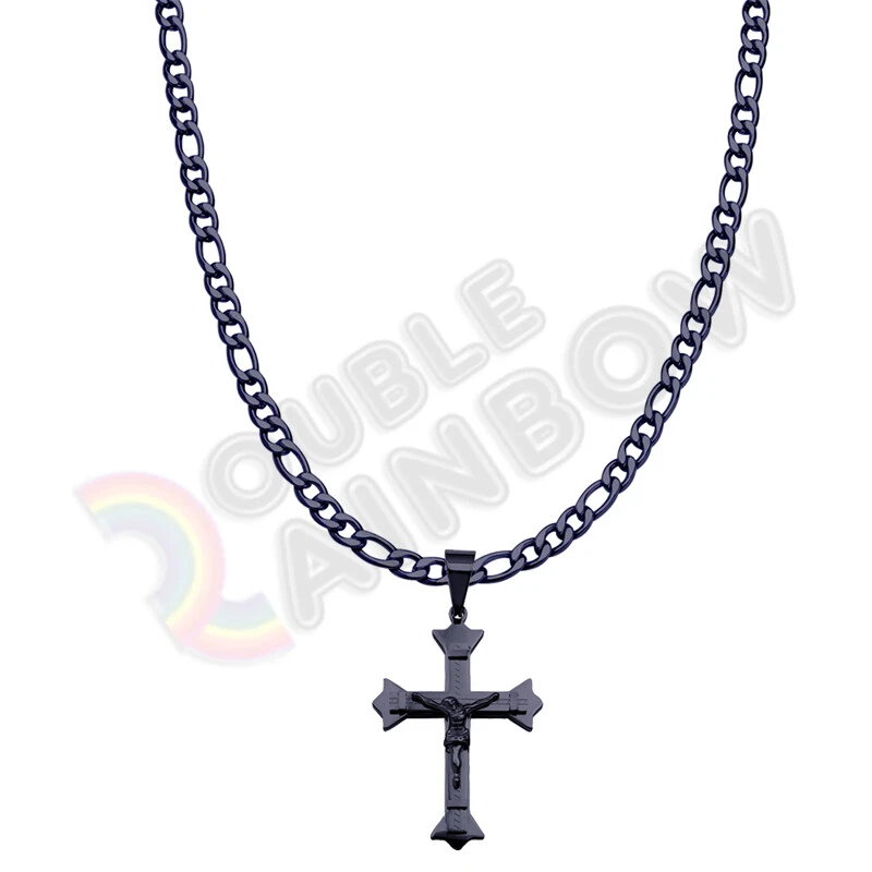 Men Stainless Steel Jesus Cross Pendant 6mm Figaro 18-36inch Chain Necklace P27  - Image 1 of 1
