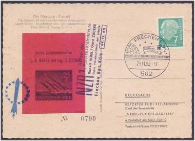 NZR1 Rocket Designers NEBEL ZUCKER Frechen Stamp Label Vignette Experiment Card - Image 1 of 2