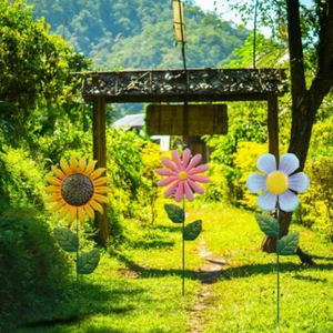 3pcs Art Deco Metal Sunflower & Daisy Garden Stakes - Durable Outdoor Decor - Picture 1 of 13