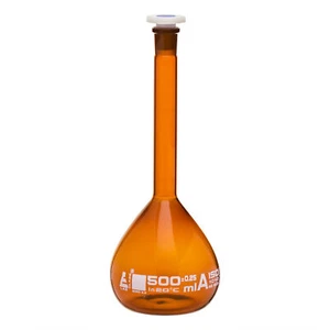 Volumetric Flask, 500ml - Class A - 19/26 Stopper - Amber Color - Eisco Labs - Picture 1 of 1