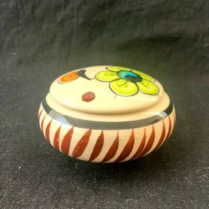 Mexican Folk Art Trinket Box Round w/Lid Pottery Flowers Butterflies - Picture 1 of 4