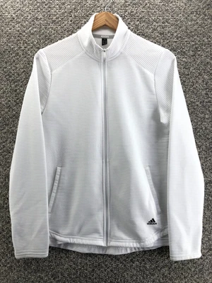 Chaqueta de golf Adidas blanca para mujer talla M cremallera completa cuello falso bolsillos agujeros para los pulgares Foto 1 de 4