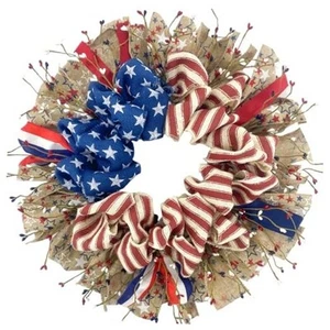16 Inch Patriotic Burlap Berries Wreath for Front Door, Forth of July Burlap - Picture 1 of 7