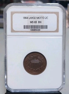 1864 Large Motto 2 C NGC MS65 BN Old Holder - Image 1 of 4