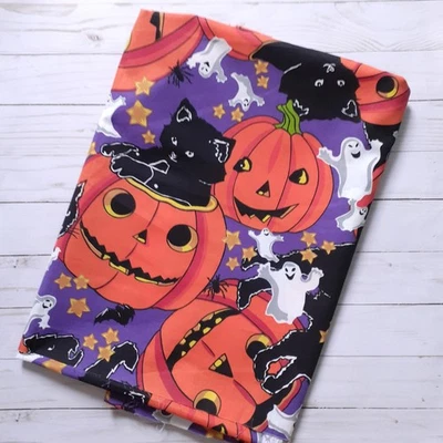 Tela de algodón vintage Halloween naranja calabaza gatos negros fantasmas blancos 2 yardas Foto 1 de 4