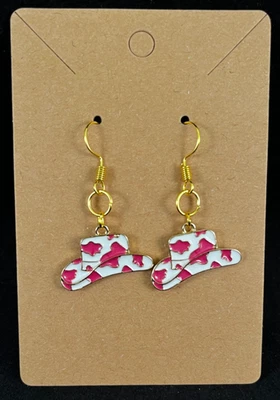 White & Pink Cowgirl Hat Earrings - Dangle - Gold Hook - Handmade - Image 1 of 3