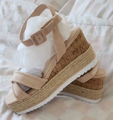 BNWOT Size 6 Pale Pink Suede Effect Wedge Espadrille Sandals With Ankle Strap - Image 1 of 4