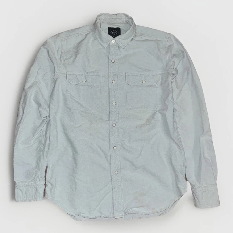Camisa Oxford Rivay NYC Pearl Snap Azul Pequeña 20x26 Doble Bolsillo Hecha en EE. UU. Foto 1 de 4