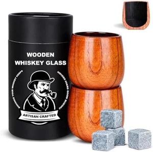 2 Pack Charred Wooden Whiskey Glasses – Bourbon Tumblers for Men with Burnt I - Picture 1 of 7