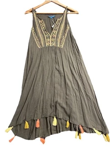 Blue Island Kleid Damen L olivgrün bestickt Quasten am Saum Strand - Bild 1 von 11