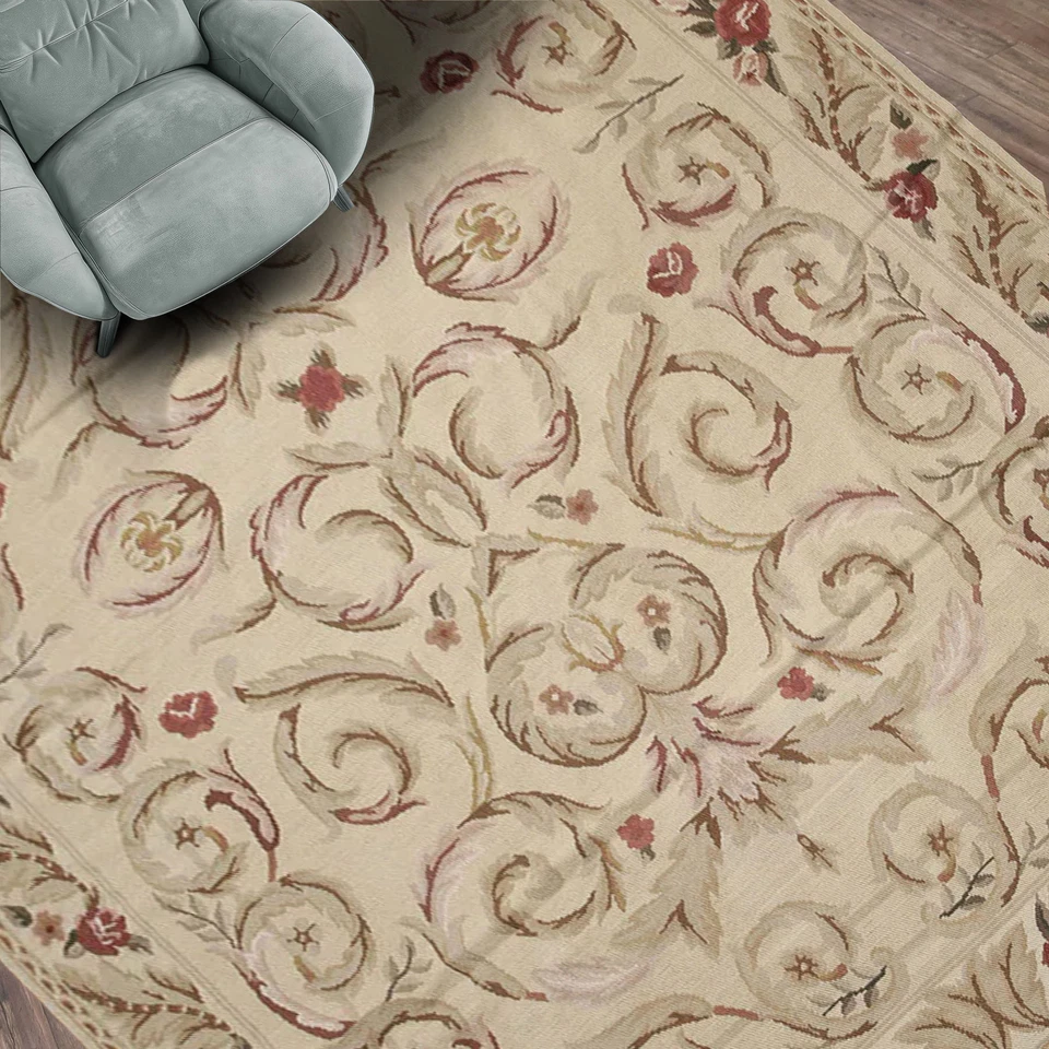 5'5''x7'8" Beige Hand Woven Floral French Flatweave Aubusson Wool Area Rug - Image 1 of 4