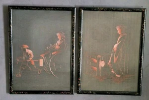 Pair Antique Framed Chinese Embroidery Black Silk Faded Hand Crafted Red 20s 16" - Picture 1 of 18