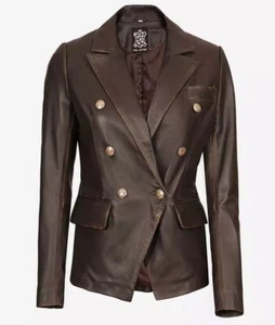 Women's Designer Double Breasted Lambskin Rub Off Brown Winter Leather Blazer - Picture 1 of 7