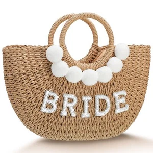 Bride Beach Bag Handwoven Straw Rhinestone Pearl Letters Handle Purse Bacheloret - Picture 1 of 6