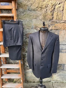 Vintage Aquascutum 100% Wool Flannel Pinstripe Suit Pleated Charcoal 42L W36 L32 - Picture 1 of 21