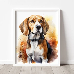 Beagle con estampado de otoño, acuarela moderna pintura para perros, retrato de mascotas - Imagen 1 de 9