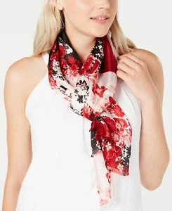 Calvin Klein  100% Silk Scarf - Process Red Color blocked Floral print - Picture 1 of 2