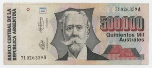 Argentina 500000 Australes ND 1991 Pick 338 VF Circulated Banknote Sign 2 Ser A - Picture 1 of 2