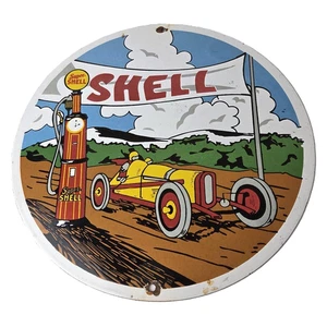 Vintage Super Shell Racing Gasoline Sign - Finish Line Gas Pump Porcelain Sign - Picture 1 of 14