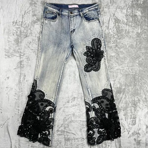 Sassy Thai Jeans Womens 10 Blue Denim Black Lace Beaded Applique Sequin Flare - Picture 1 of 19