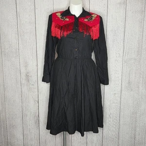 Vintage Lilia Smitty Western Fransen Hemd Kleid schwarz rot Perlen Applikation, Gr. Large - Bild 1 von 11