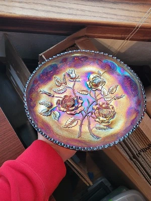 Tigela elétrica âmbar antiga imperial carnaval vidro brilho padrão rosa peça central - Imagem 1 de 4